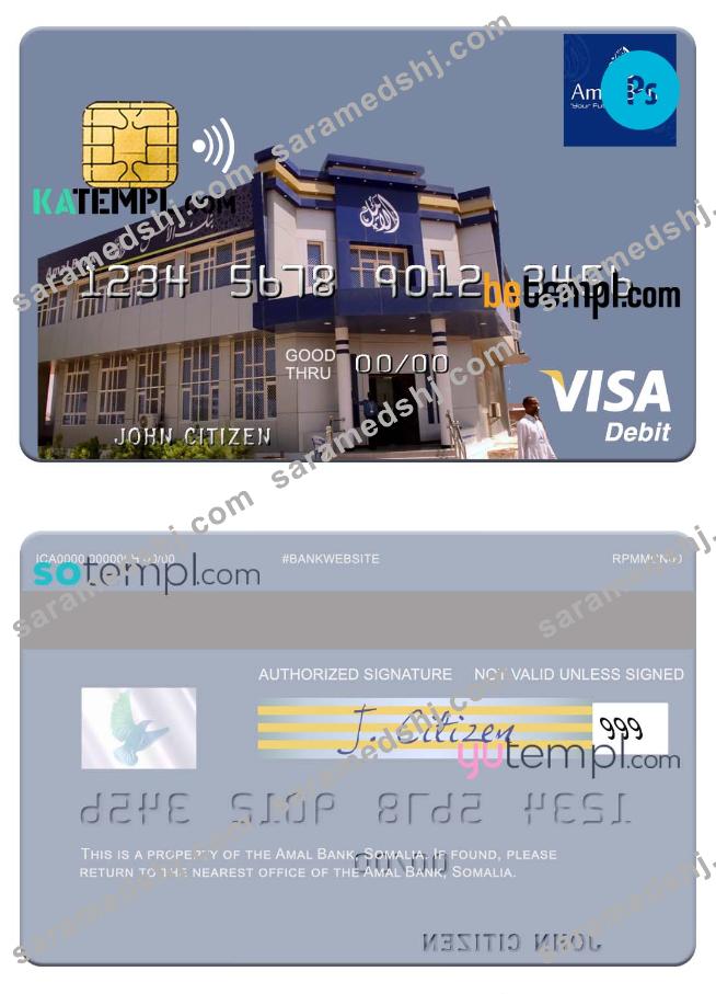 Somalia Amal Bank visa debit card template in PSD format, fully editable
